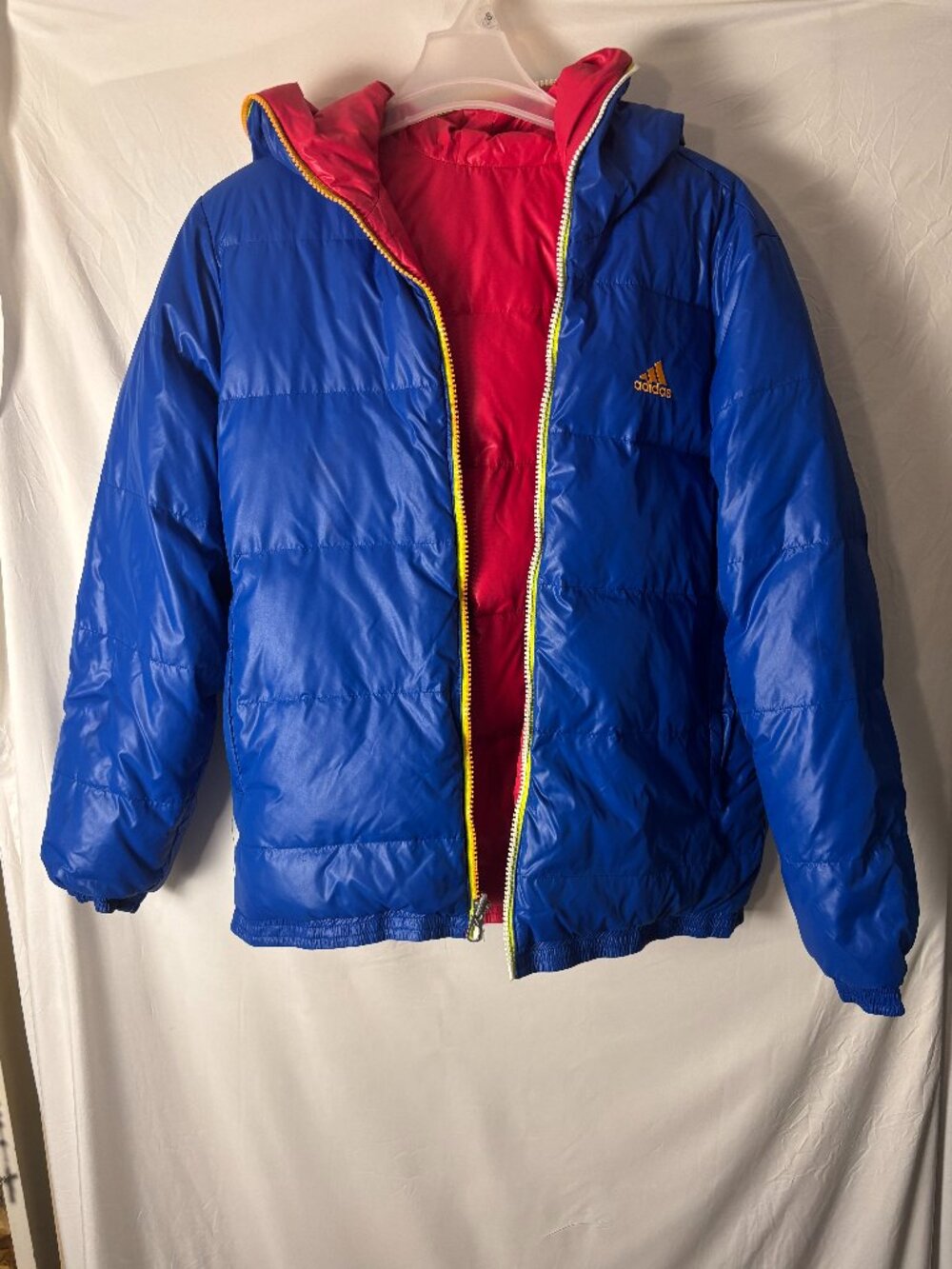 Adidas Reversible Puffer Jacket Blue & Red Colorblock Hooded Size Large